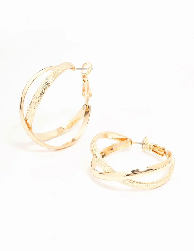 Elegant Gold Earrings-Gold Mixed Texture Crossover Hoop Earrings