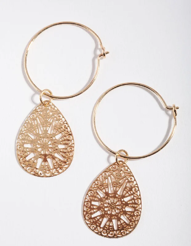 Retro Earrings-Gold Filigree Hoop Earrings