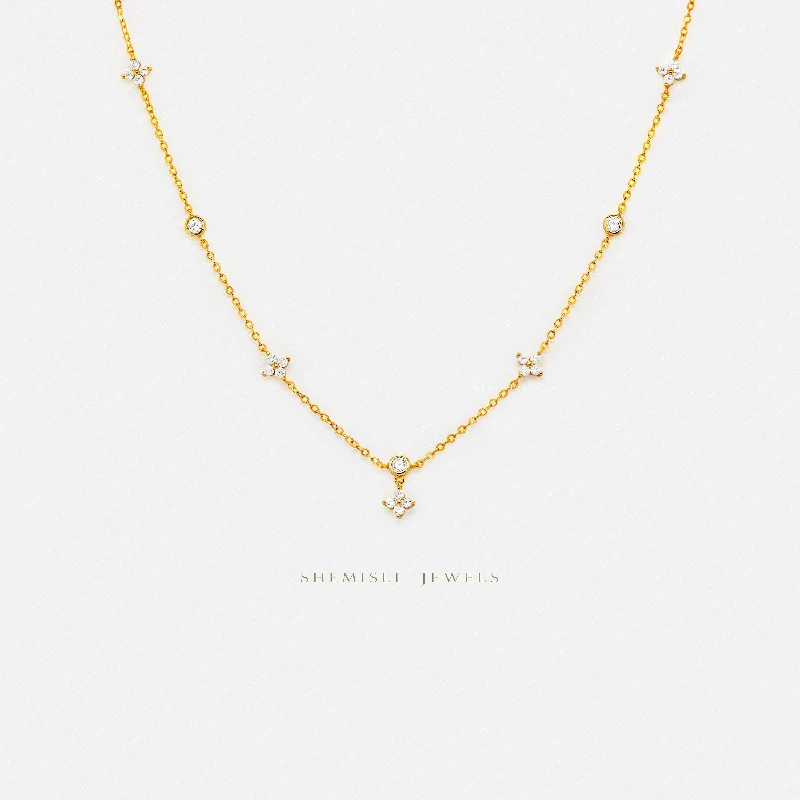 Cute Charm Necklace-Dainty 4 Petal Flower CZ Necklace, Silver or Gold Plated  (16"+2") SHEMISLI - SN043