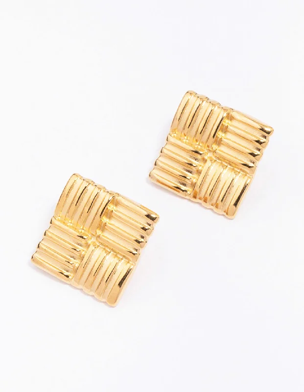 Crystal Stud Earrings-Waterproof Gold Plated Stainless Steel Square Ribbed Stud Earrings