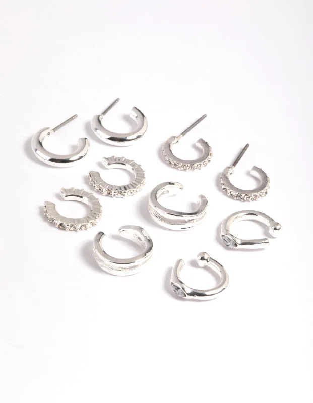 Natural Stone Earrings-Silver Plated Diamante Hoops 5-Pack