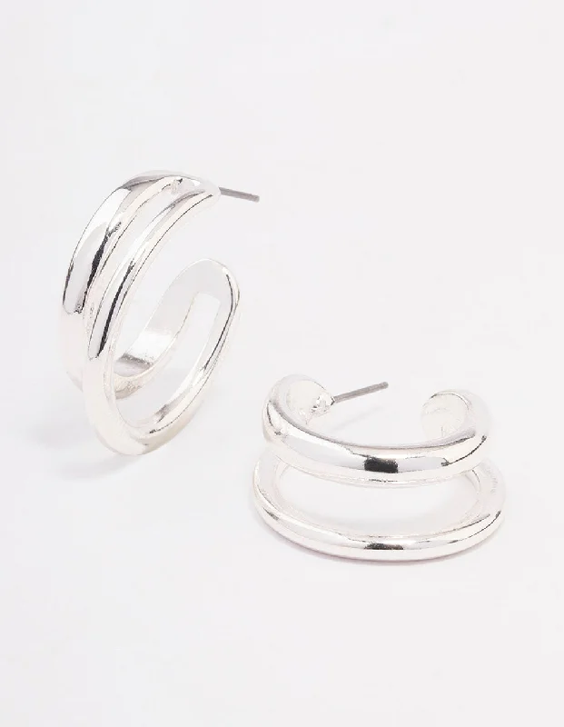 Trendy Ear Hoops-Silver Double Hoop Earrings