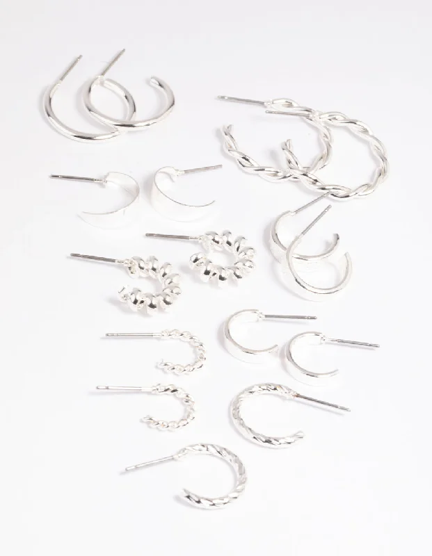 Cute Stud Earrings-Silver Twisted Hoop Earring 8-Pack