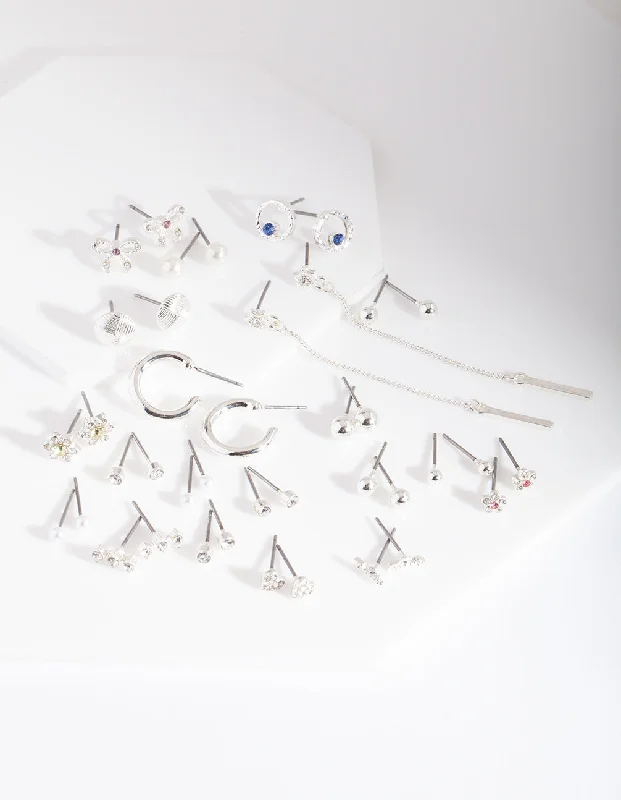 Double Hoop Earrings-Silver Diamante Motif Earring 20 Pack