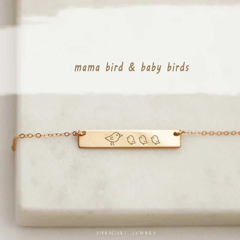 Long Beaded Pendant Necklace-Mama Bird Baby Birds Bar Necklace, Customized Push Present, Gift For Mothers, Wife, Grandma, Unisex, Gold Filled, Silver • NBH30X5-06