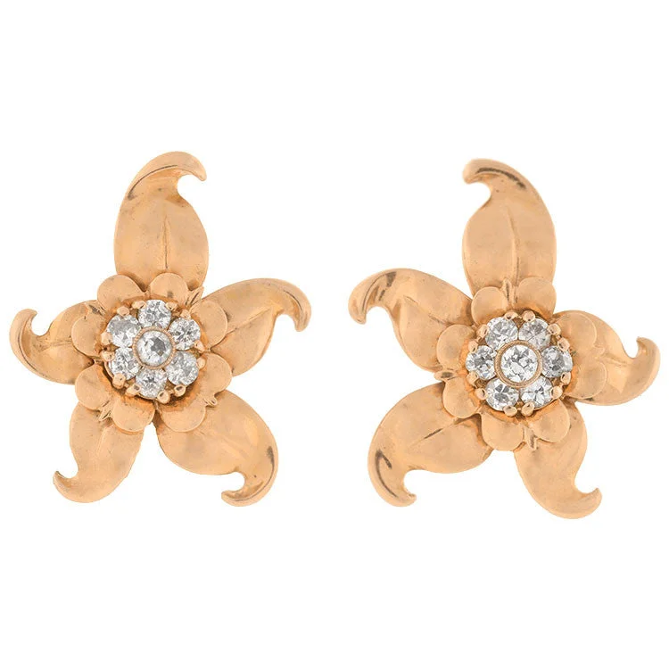 Stylish Drop Earrings-Vintage 14kt & Diamond Starfish Flower Clip Earrings