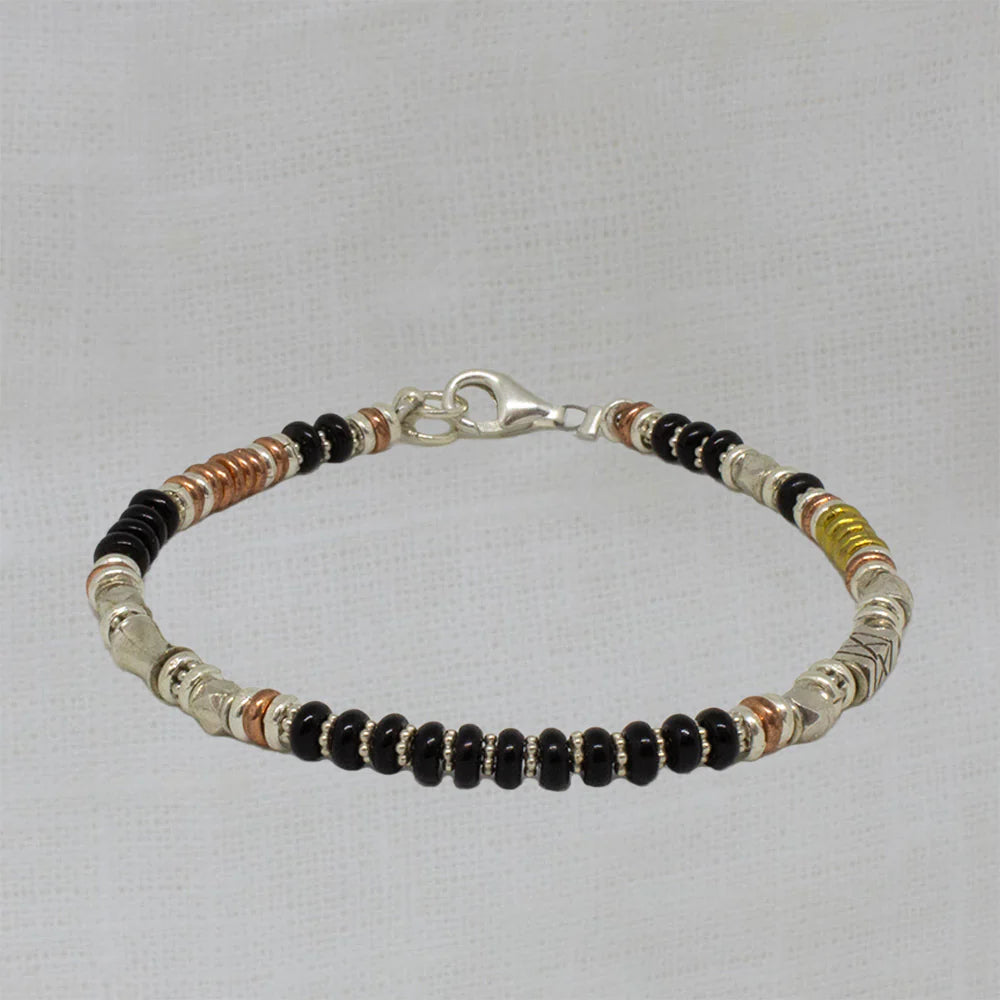 Elegant Gold Stretch Bracelet-Silver Black Onyx and Mixed Metals Bracelet