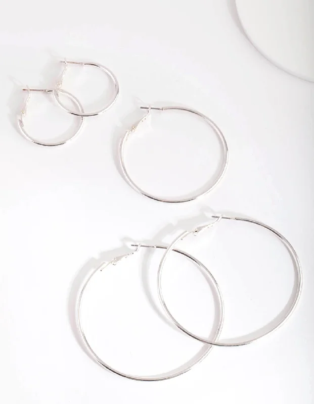 Custom Engraved Earrings-Silver Sleeper Round Hoop Trio