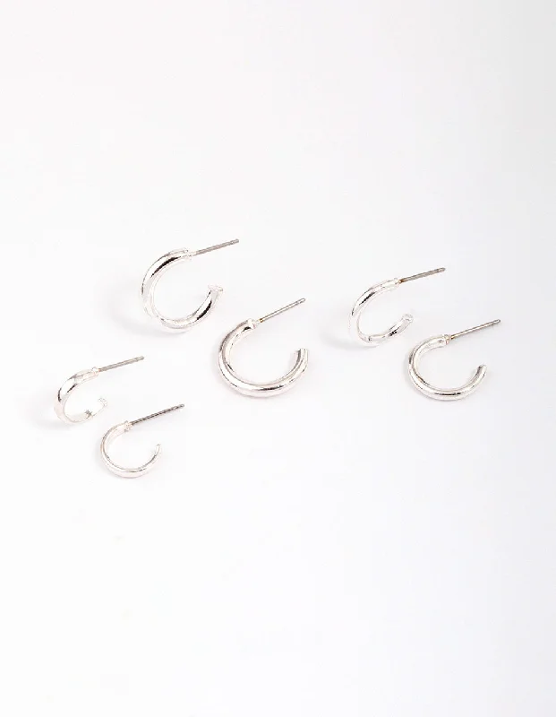 Adjustable Drop Earrings-Silver Graduating Clean Huggie Hoop Earring 3-Pack