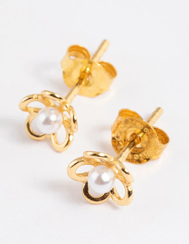 Geometric Hoop Earrings-Gold Plated Sterling Silver Pearl & Flower Stud Earrings