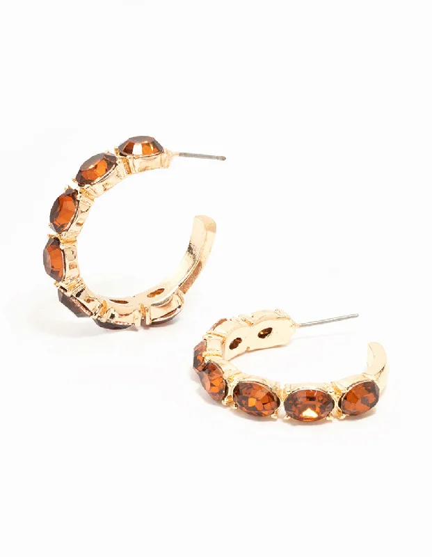 Classic Pearl Studs-Gold Oval Amber Diamante Hoop Earrings