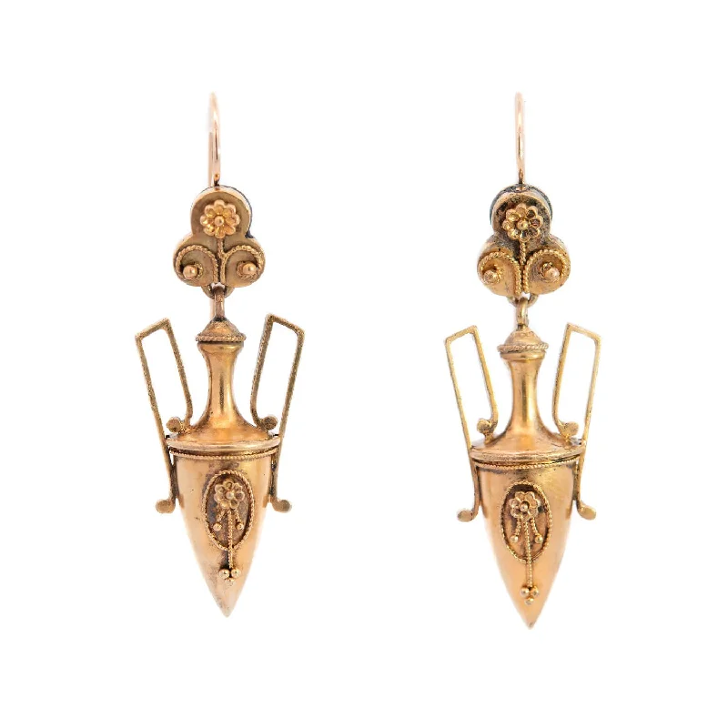 Trendy Statement Earrings-Victorian English 15kt Gold Urn Earrings