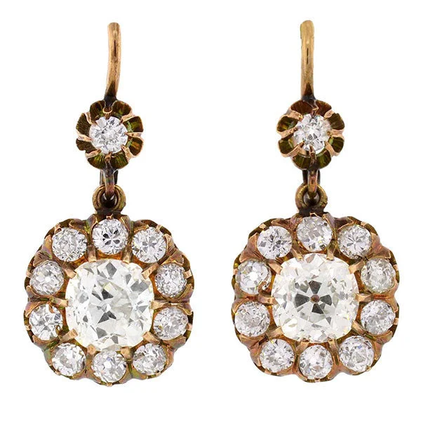 Sterling Silver Dangle Earrings-Victorian 18kt Yellow Gold Diamond Cluster Earrings 3.40ctw