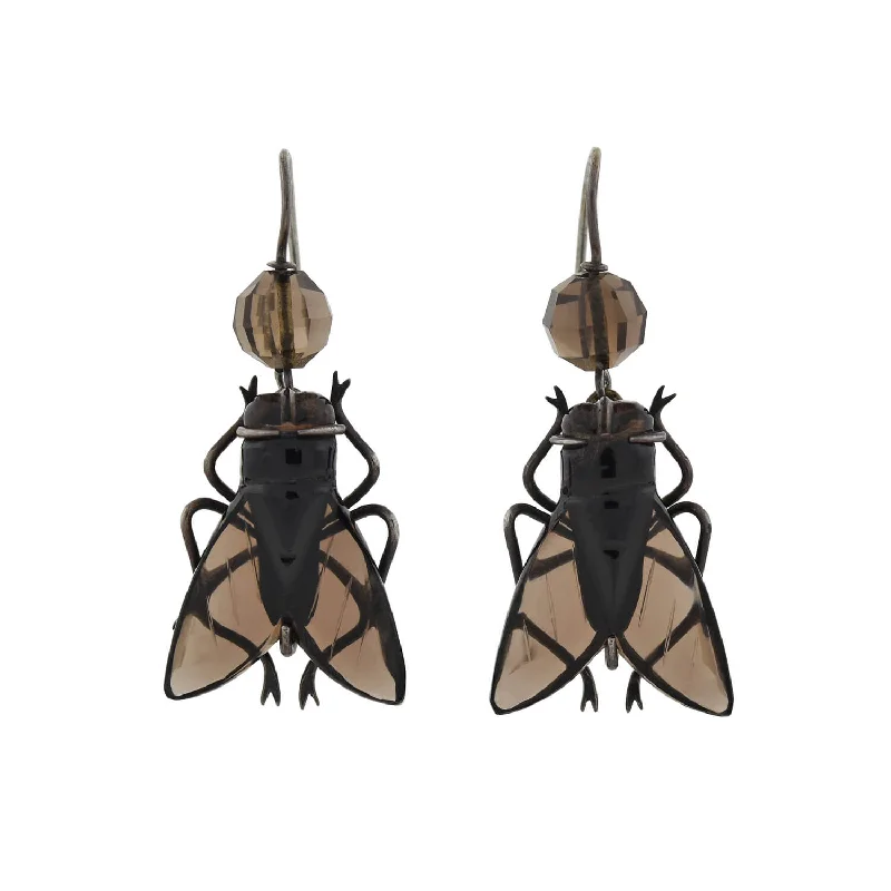 Geometric Stud Earrings-Victorian Sterling Carved Smoky Topaz Flying Insect Earrings