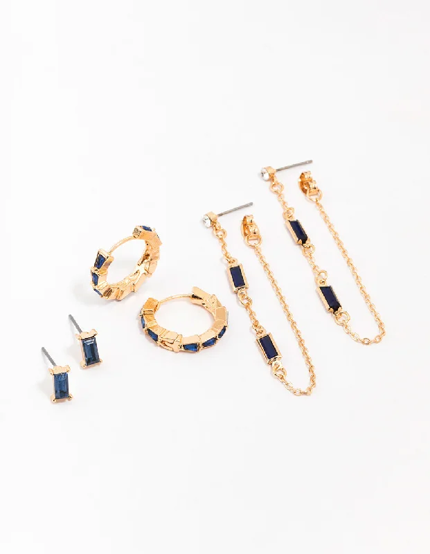 Double Drop Earrings-Gold Navy Mix Earring 3-Pack