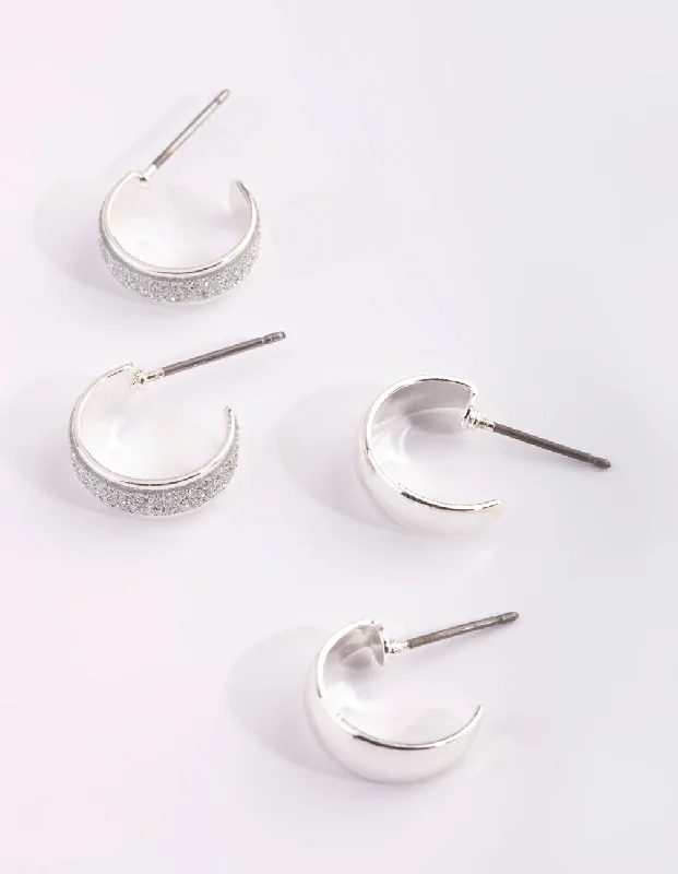 Silver Chain Earrings-Silver Glitter Huggie Hoop Earring Set