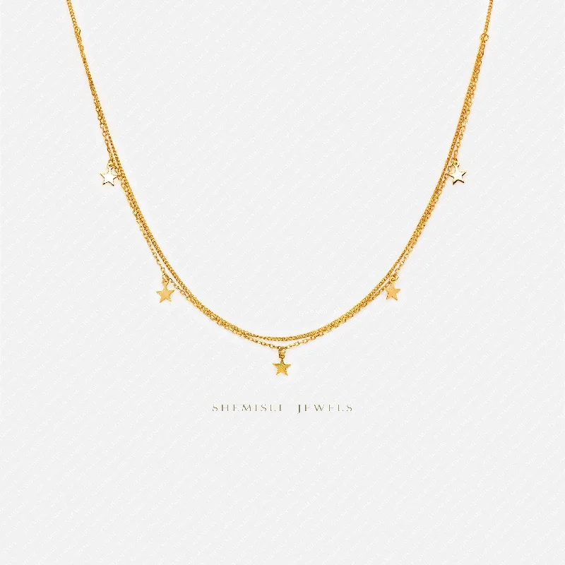 Layered Choker Necklace-Double Strand Tiny Star Necklace, Silver or Gold Plated  (15.75"+1.25") SHEMISLI - SN023