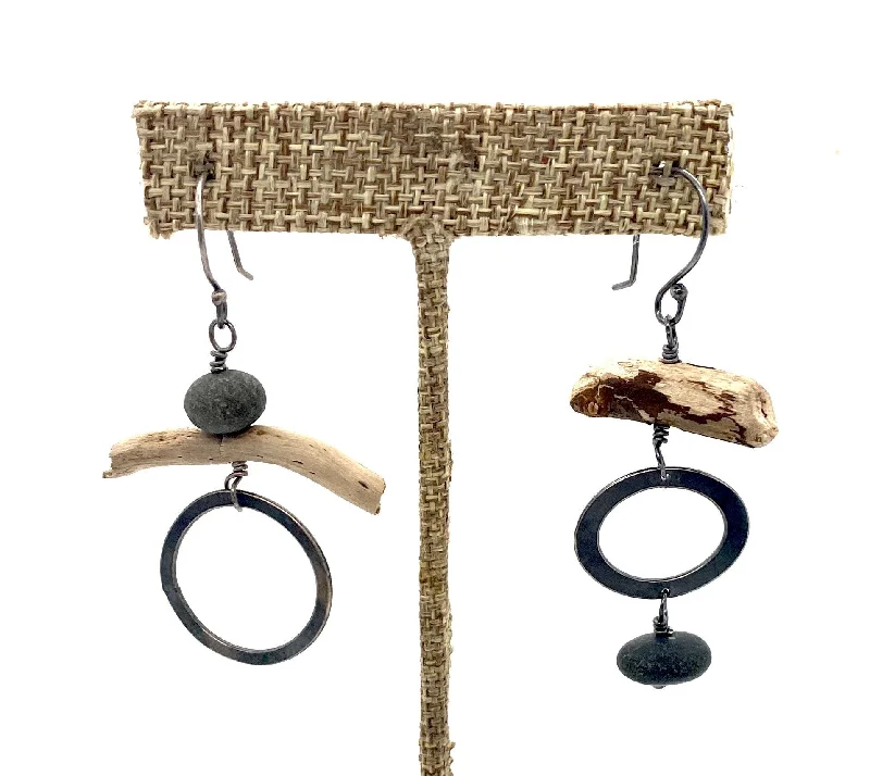 Round Hoop Earrings-Mis matched rock and driftwood earrings