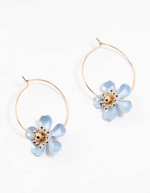 Multi-Layer Earrings-Gold Coated Blue Stapled Flower Hoop Earrings