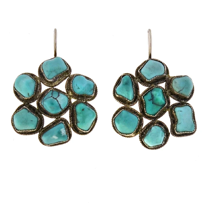 Adjustable Hoop Earrings-Art Deco Chinese Sterling + Turquoise Cluster Earrings