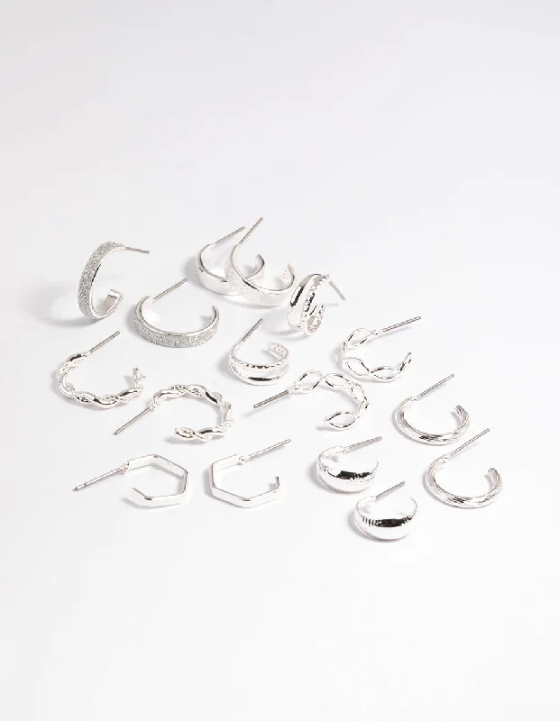 Unique Silver Hoop Earrings-Silver Textured Glitter Hoop Earring 8-Pack