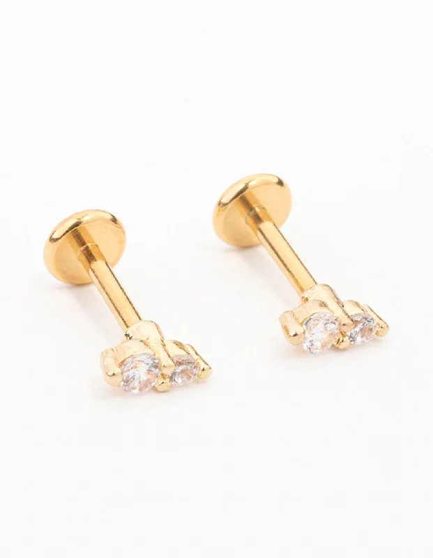 Long Silver Earrings-Gold Plated Surgical Steel Cubic Zirconia Double Flat Back 2-Pack