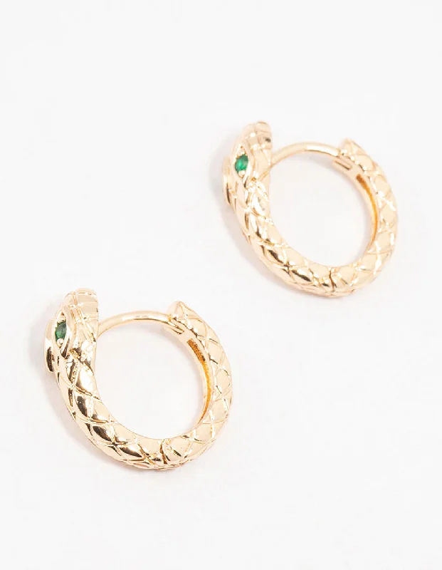 Handcrafted Earrings-Gold & Green Cubic Zirconia Serpent Huggie Earrings