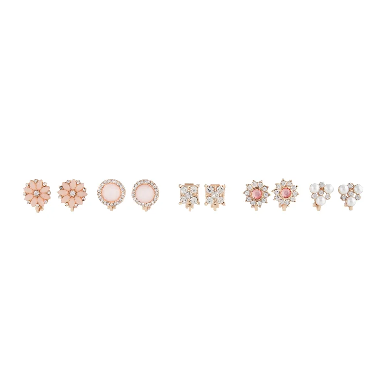 Unique Gemstone Earrings-Pink Gold Floral Clip On Earring 5-Pack