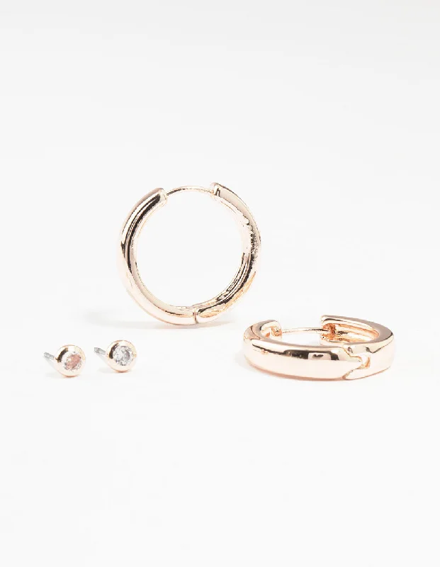 Custom Earrings for Gift-Rose Gold Plated Cubic Zirconia Stud & Large Hoop Earrings 2-Pack