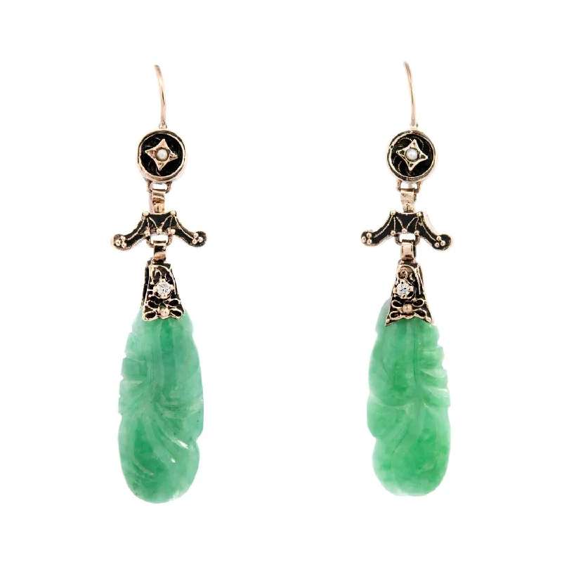 Chunky Gold Earrings-Art Deco 14k Carved Jade Dangle Earrings