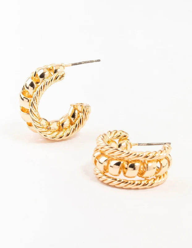 Natural Stone Earrings-Gold Twisted Rope & Ball Hoop Earrings