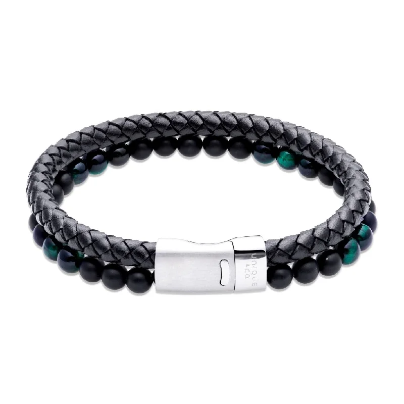 Stackable Gemstone Bracelets-Unique & Co Black Malachite and Onyx Leather Bracelet