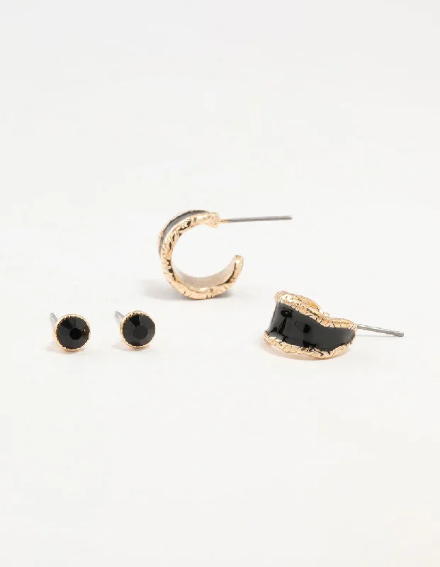 Cute Heart Earrings-Gold Black Diamante Stud & Hoop Earrings 2-Pack