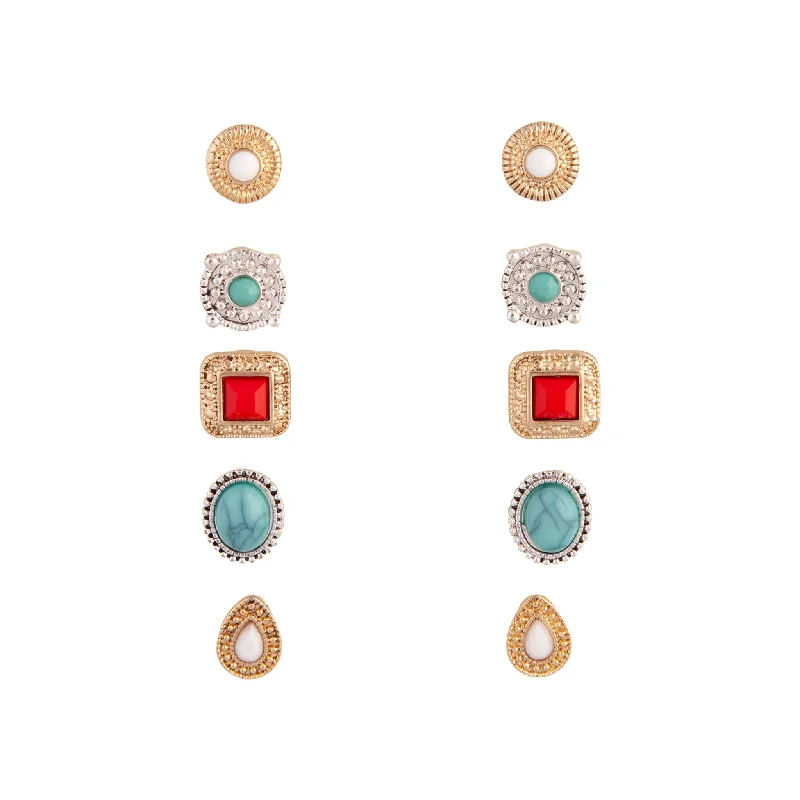 Fashionable Clip-On Earrings-Mixed Metal Bohemian Stone Clip-On Earring 5-Pack