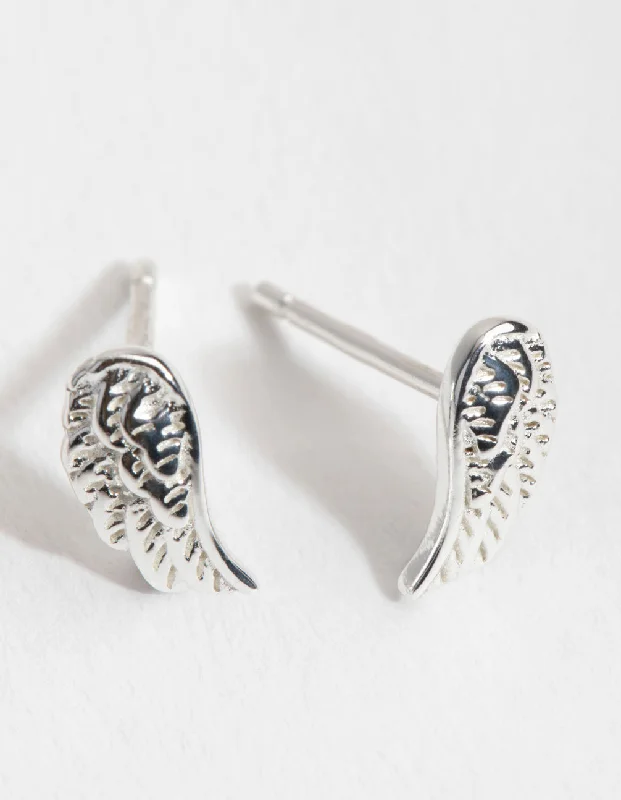 Rhinestone Earrings-Sterling Silver Angel Wing Stud Earrings