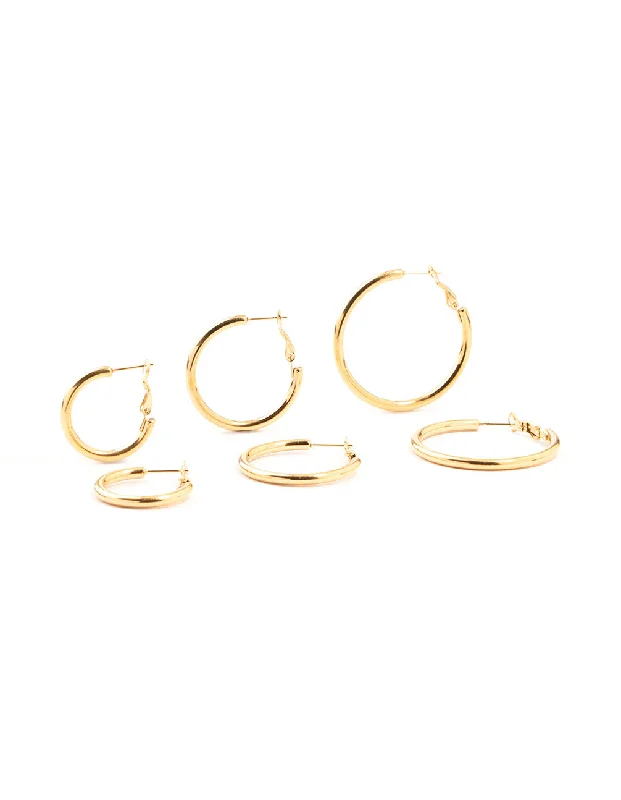 Elegant Pearl Earrings-Waterproof Gold Plated Stainless Steel Large Basic Hoop Earrings 3-Pack