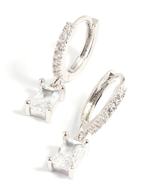 Wedding Earrings-Silver Rectangular Cubic Zirconia Huggie Hoop Earrings