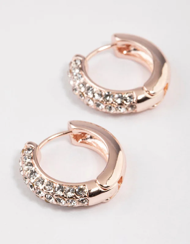 Stud Earrings for Women-Rose Gold Diamante Mini Hoop Earrings