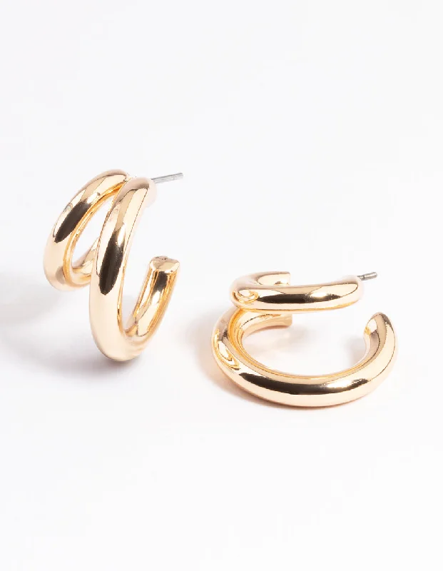 Rose Gold Earrings-Gold Double Hoop Huggie Earrings