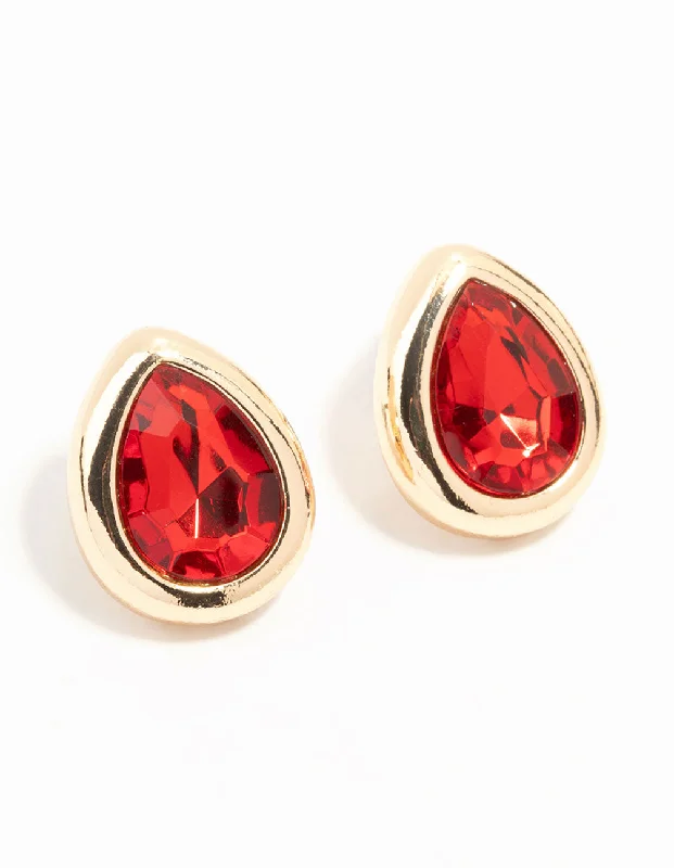 Luxury Silver Earrings-Red Pear Diamante Gold Stud Earrings