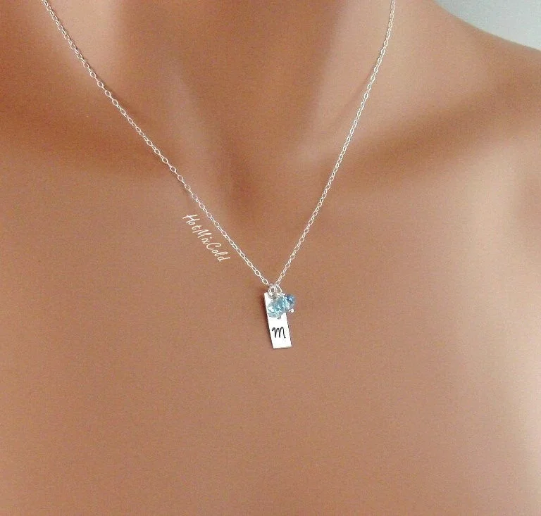 Simple Birthstone Bar Necklace-Mini Vertical Bar 1 Tag and 1 Birthstone Necklace, 1/4" x 5/8" Bar