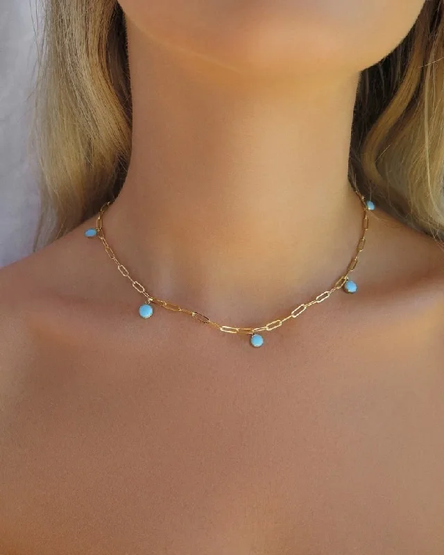 Simple Bar Pendant Necklace-Five Turquoise Thick Drawn Cable Chain Necklace  - 14k Yellow Gold Fill