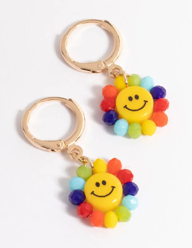 Fashion Hoop Earrings-Gold Rainbow Smiley Huggie Earrings