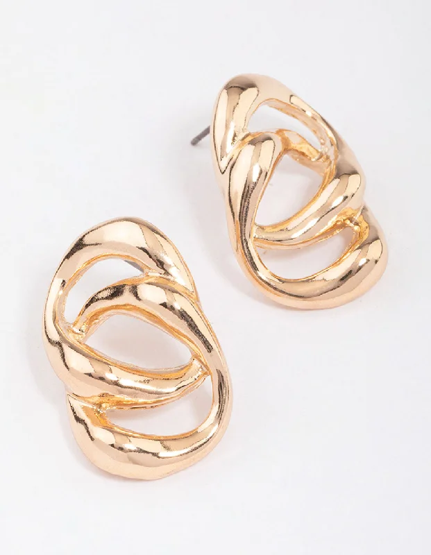 Luxury Designer Earrings-Gold Large Double Link Stud Earrings