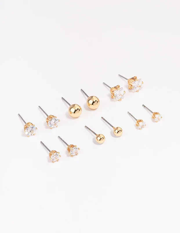 Classic Silver Earrings-Gold Plated Cubic Zirconia & Ball Stud Earrings 6-Pack