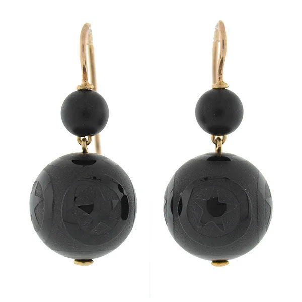 Fashion Drop Earrings-Victorian 14kt Onyx Engraved Star Motif Earrings