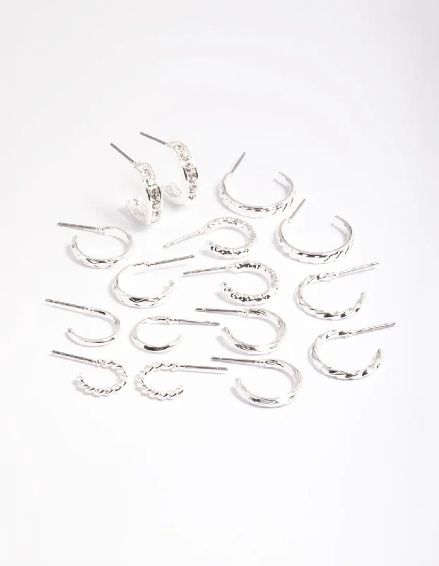 Oval Drop Earrings-Silver Mixed Diamante Hoop Earrings 8-Pack