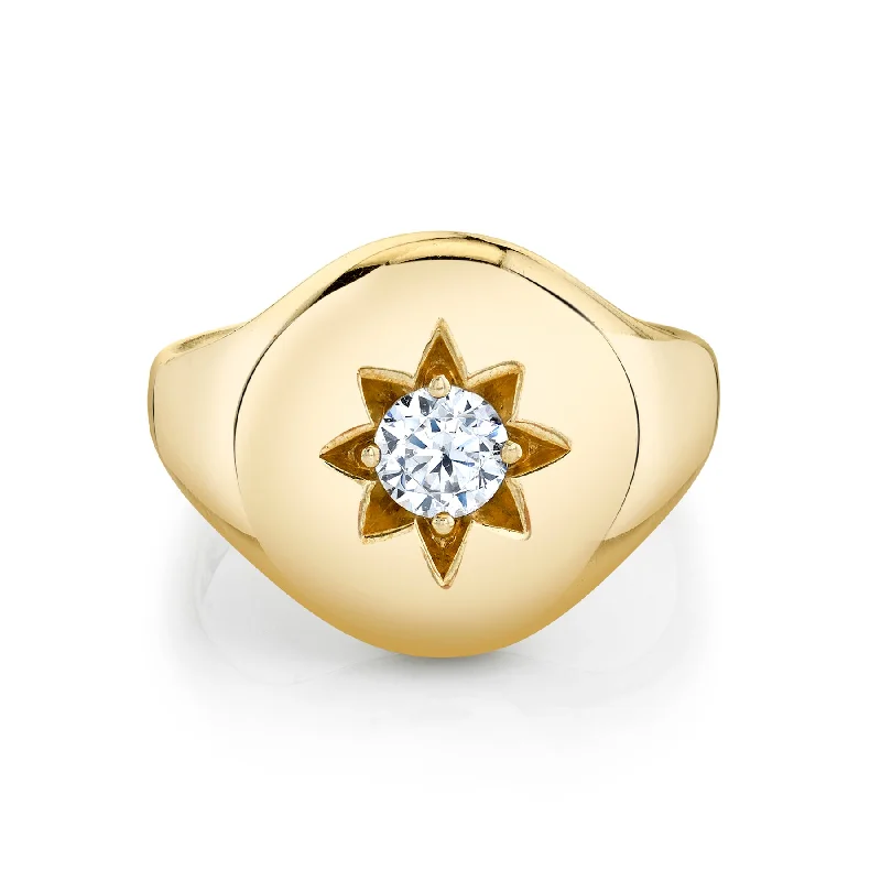 Star Set Signet Ring - White Diamond / 14k Yellow Gold