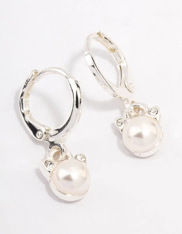 Funky Statement Earrings-Silver Pearl Huggie Hoop Earrings