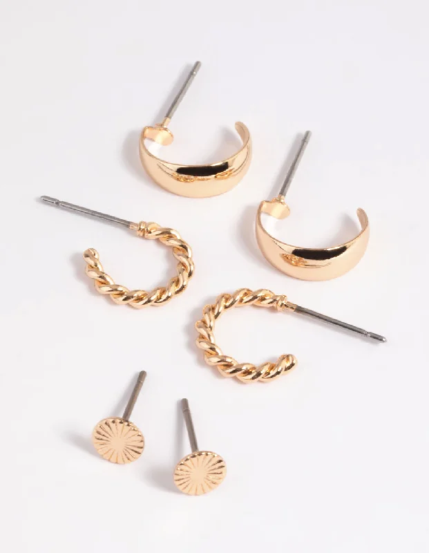 Rose Gold Earrings-Gold Plain & Twist Stud Earring Pack